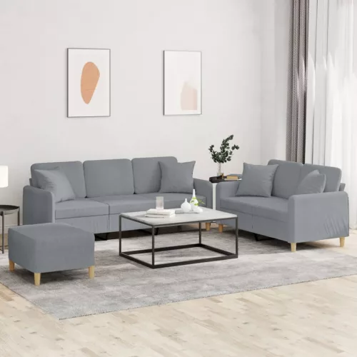 3 részes világosszürke szövet ülőgarnitúra párnákkal