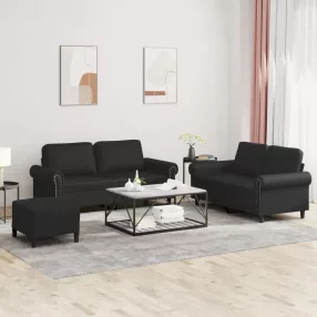 3 részes fekete műbőr ülőgarnitúra párnákkal