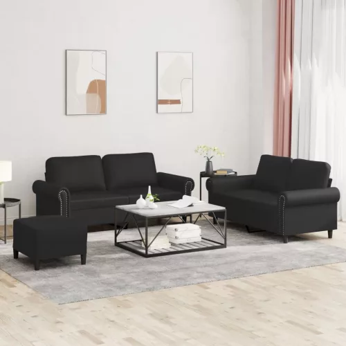 3 részes fekete műbőr ülőgarnitúra párnákkal