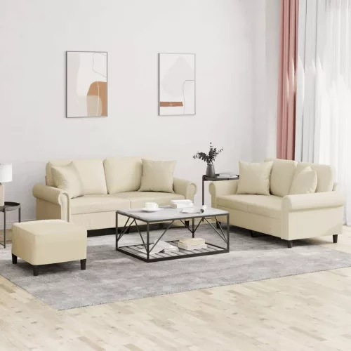 3 részes krémszínű műbőr ülőgarnitúra párnákkal