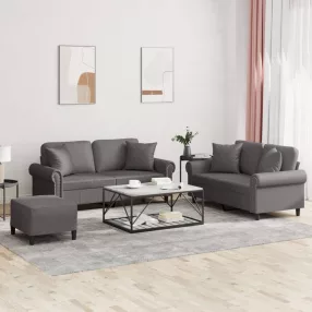 3 részes szürke műbőr ülőgarnitúra párnákkal