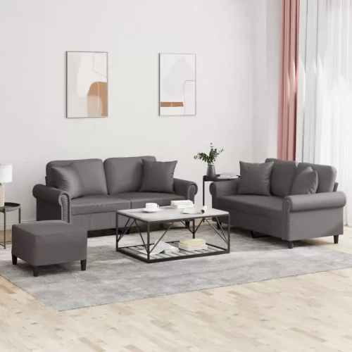 3 részes szürke műbőr ülőgarnitúra párnákkal