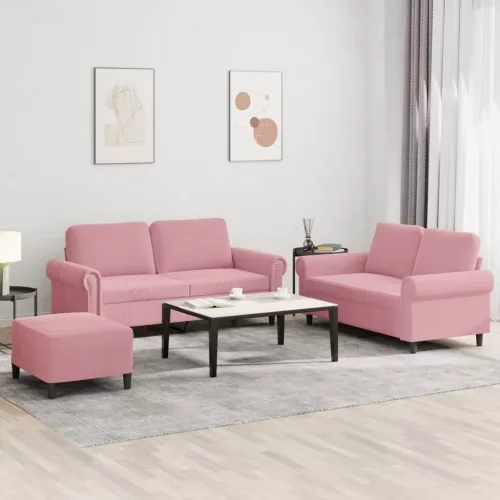 3 részes rózsaszín bársony ülőgarnitúra párnákkal