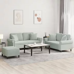   3 részes világosszürke bársony ülőgarnitúra párnákkal