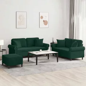 3 részes sötétzöld bársony ülőgarnitúra párnákkal