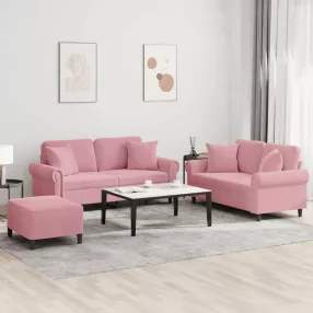3 részes rózsaszín bársony ülőgarnitúra párnákkal