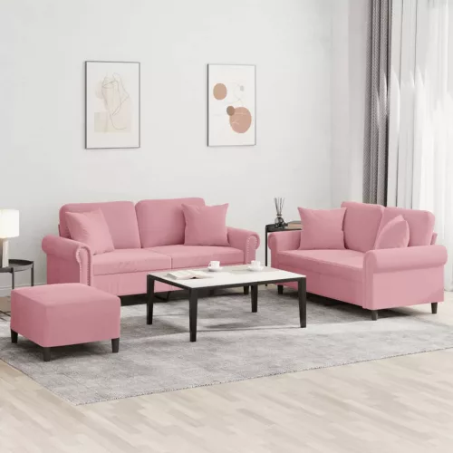 3 részes rózsaszín bársony ülőgarnitúra párnákkal