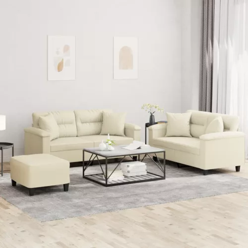 3 részes krémszínű műbőr ülőgarnitúra párnákkal