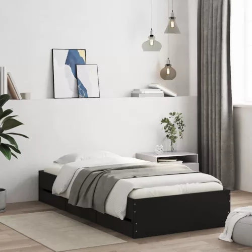 fekete szerelt fa ágykeret fiókokkal 100 x 200 cm