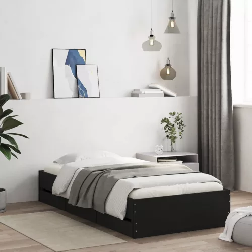 fekete szerelt fa ágykeret fiókokkal 90 x 190 cm