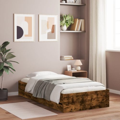 füstös tölgy színű szerelt fa ágykeret fiókokkal 75x190 cm