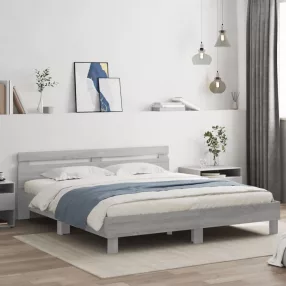   szürke sonoma színű ágykeret fejtámlával és LED-del 200x200 cm