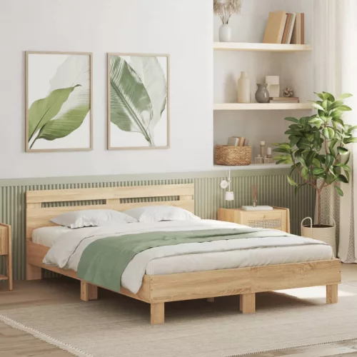 sonoma tölgy színű ágykeret fejtámlával és LED-del 150x200 cm