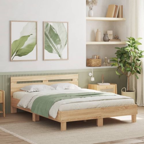 sonoma tölgy színű ágykeret fejtámlával és LED-del 140x190 cm