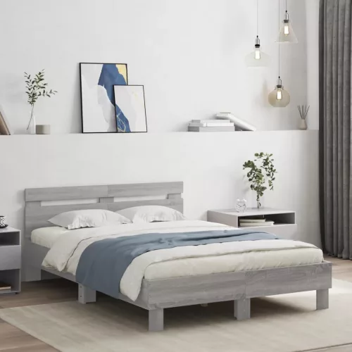 szürke sonoma színű ágykeret fejtámlával és LED-del 120x190 cm