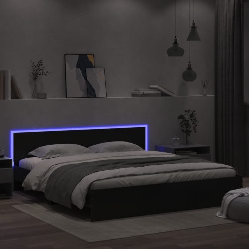  fekete ágykeret fejtámlával és LED-del 200 x 200 cm