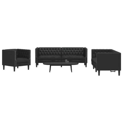 3 részes fekete műbőr Chesterfield kanapégarnitúra