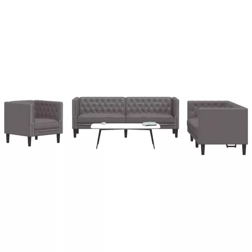 3 részes szürke műbőr Chesterfield kanapégarnitúra