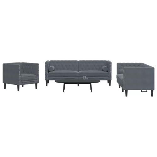 3 részes sötétszürke bársony Chesterfield kanapészett párnákkal