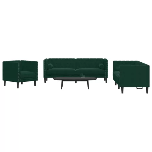 3 részes sötétzöld bársony Chesterfield kanapészett párnákkal