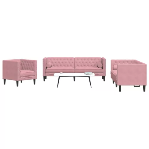 3 részes rózsaszín bársony Chesterfield kanapészett párnákkal