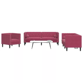   3 részes bordó bársony Chesterfield kanapészett hengerpárnákkal