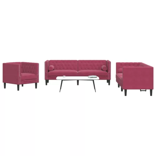 3 részes bordó bársony Chesterfield kanapészett hengerpárnákkal