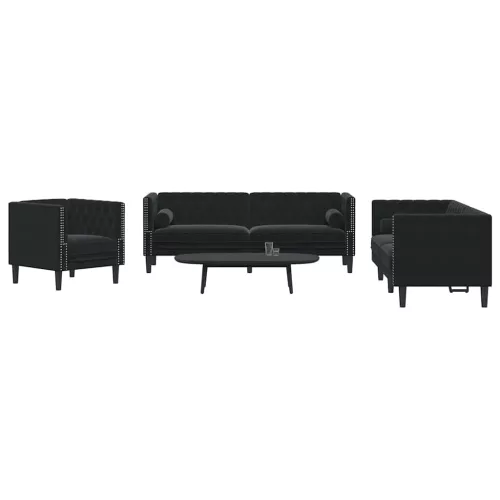 3 részes fekete bársony Chesterfield kanapészett párnákkal