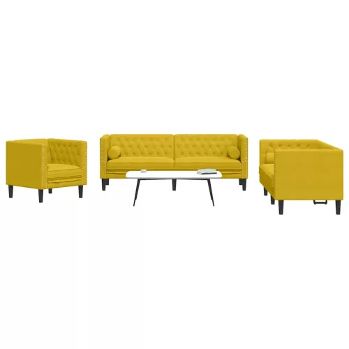 3 részes sárga bársony Chesterfield kanapészett hengerpárnákkal