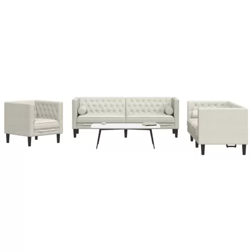 3 részes krémszínű bársony Chesterfield kanapészett párnákkal
