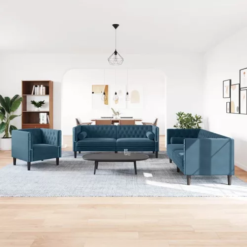 3 részes kék bársony Chesterfield kanapészett hengerpárnákkal