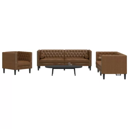 3 részes barna művelúr Chesterfield kanapészett hengerpárnákkal