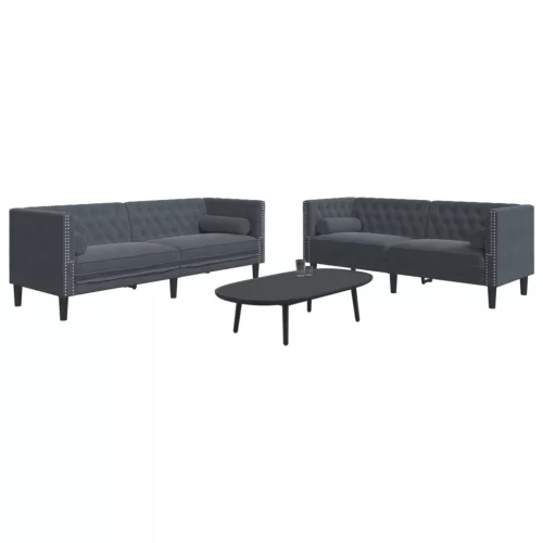 2 részes sötétszürke bársony Chesterfield kanapészett párnákkal