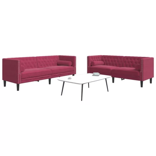 2 részes bordó bársony Chesterfield kanapészett hengerpárnákkal