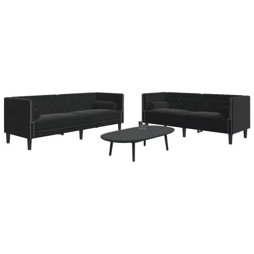 2 részes fekete bársony Chesterfield kanapészett párnákkal