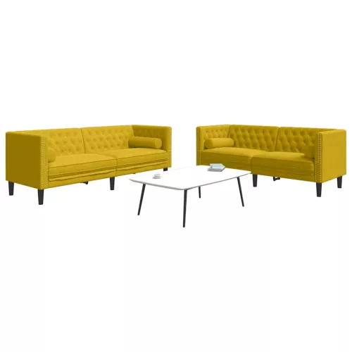 2 részes sárga bársony Chesterfield kanapészett hengerpárnákkal