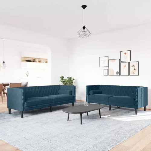 2 részes kék bársony Chesterfield kanapészett hengerpárnákkal