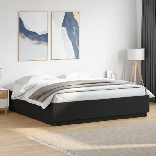 fekete szerelt fa ágykeret LED-világítással 200 x 200 cm
