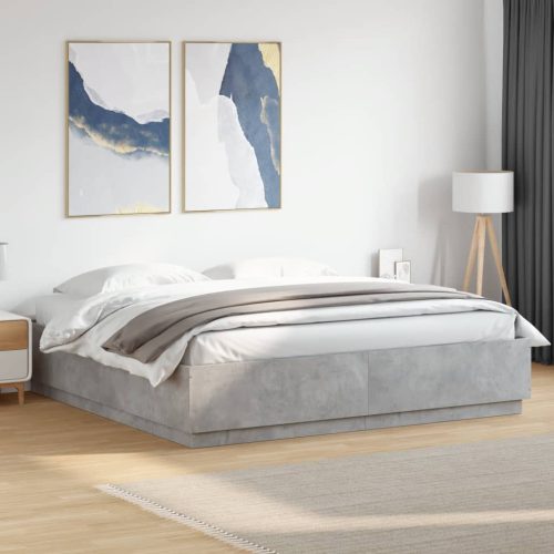 betonszürke szerelt fa ágykeret LED-világítással 200 x 200 cm