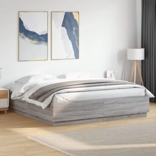 szürke sonoma színű szerelt fa ágykeret LED-del 200x200 cm