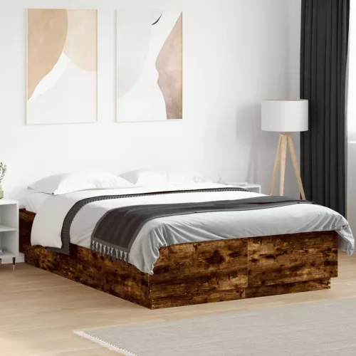 füstös tölgy színű szerelt fa ágykeret LED-del 150x200 cm