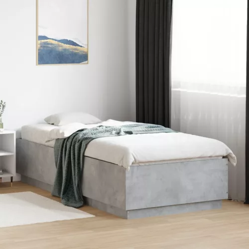 betonszürke szerelt fa ágykeret LED-del 90 x 200 cm