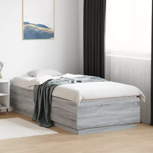 szürke sonoma színű szerelt fa ágykeret LED-del 90 x 200 cm