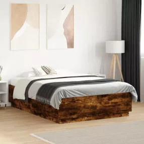   füstös tölgy színű szerelt fa ágykeret LED-del 135x190 cm