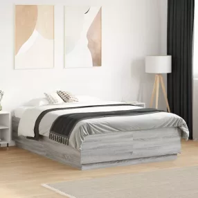   szürke sonoma színű szerelt fa ágykeret LED-del 135 x 190 cm