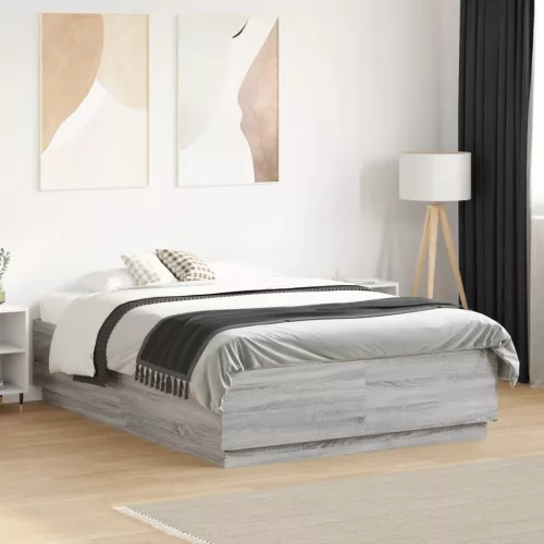 szürke sonoma színű szerelt fa ágykeret LED-del 135 x 190 cm