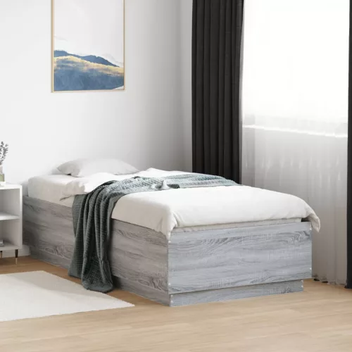 szürke sonoma színű szerelt fa ágykeret LED-del 90 x 190 cm