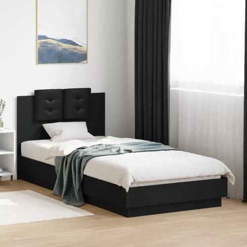 fekete szerelt fa ágykeret fejtámlával 90 x 200 cm