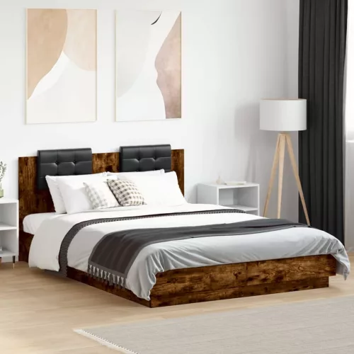 füstös tölgy színű ágykeret fejtámlával és LED-ekkel 120x200 cm