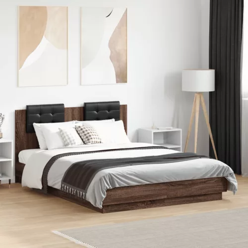 vidaXL barna tölgy színű ágykeret fejtámlával és LED-ekkel 135x190 cm